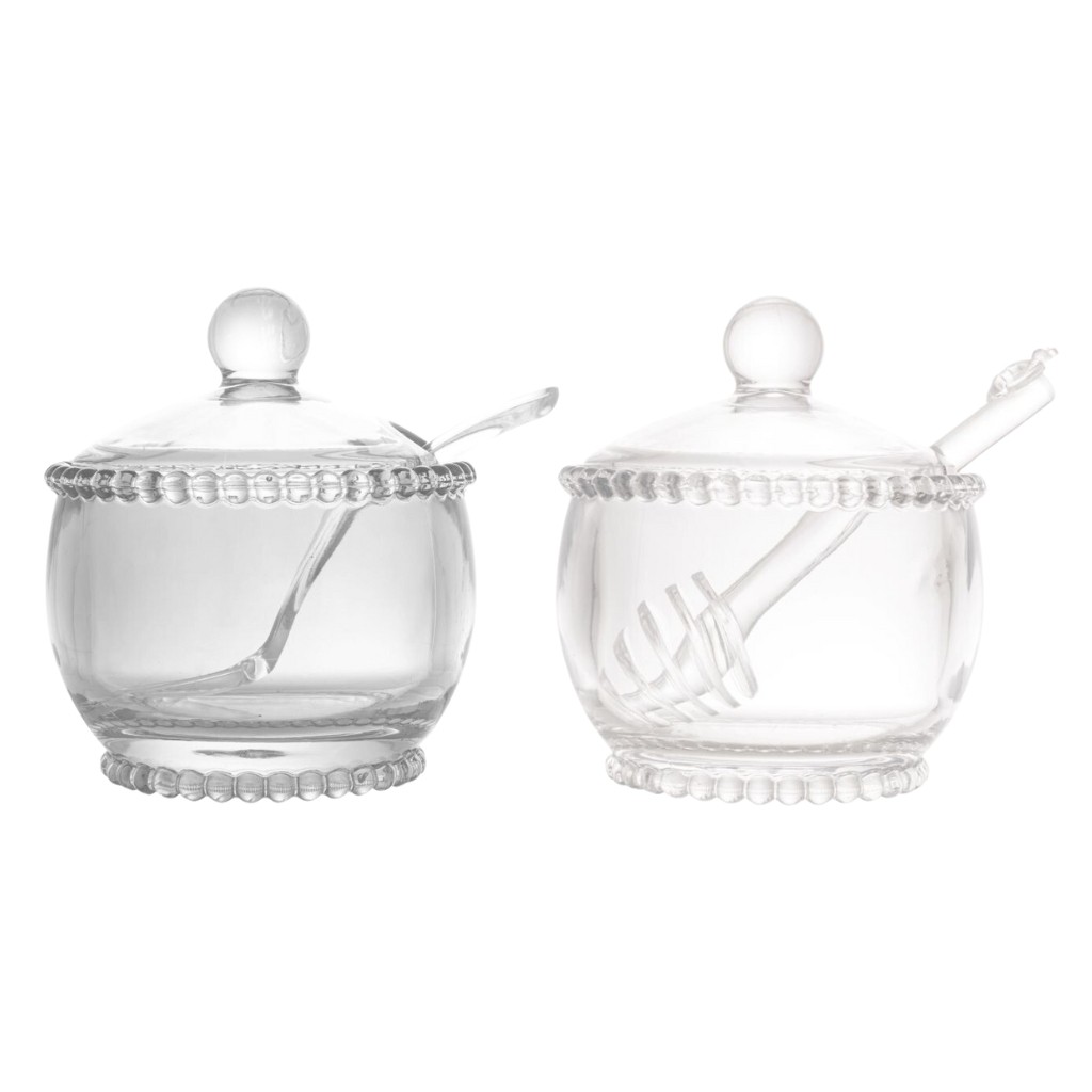 Kit Açucareiro Meleira em Cristal com Tampa Linha Pearl Wolff Decoração De Cozinha Porta Açucar Mel