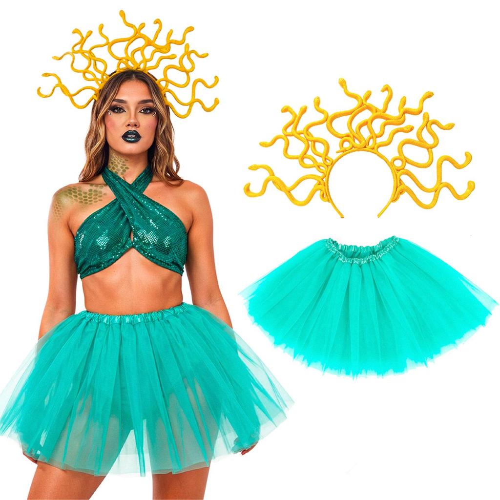 Fantasia Medusa Feminina Adulta Kit Tiara Serpente Grande + Saia 40cm em Oferta na Shopee