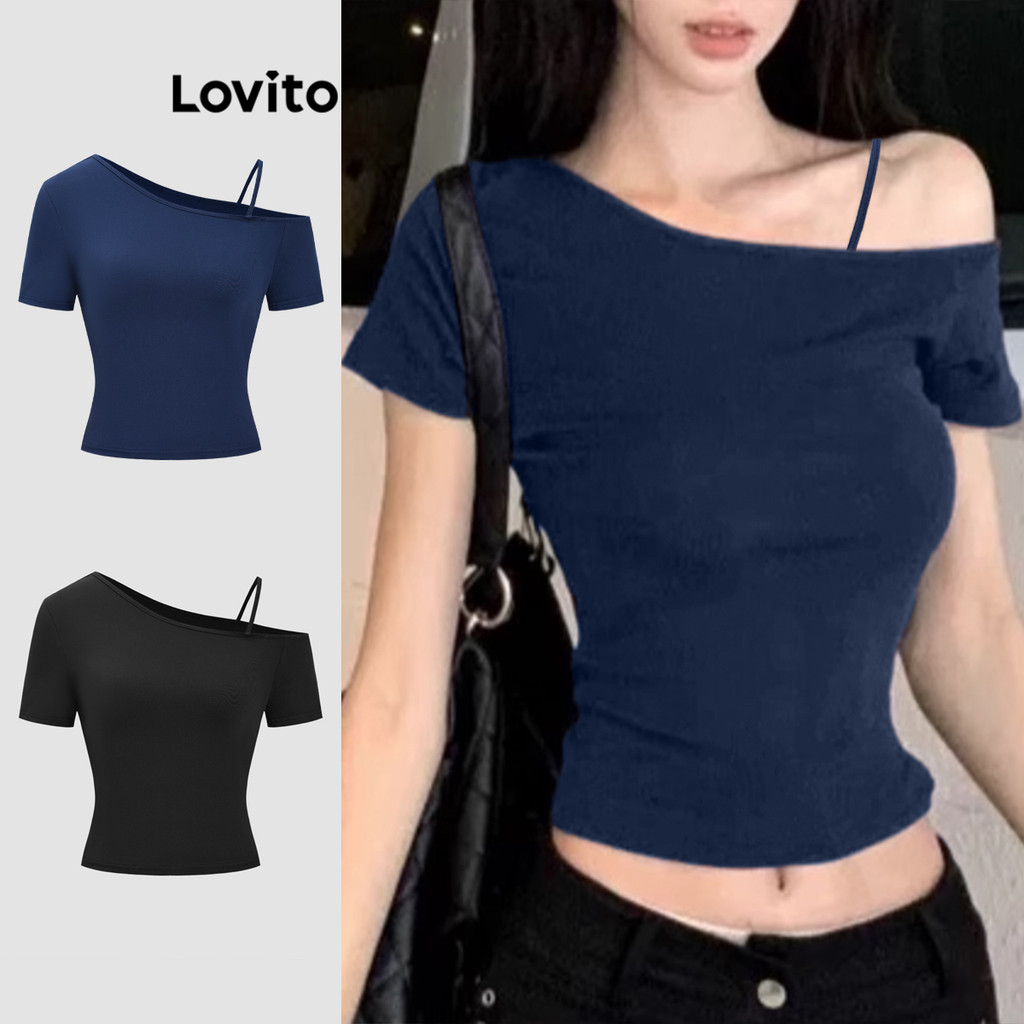 Lovito Camiseta Fofa Lisa Assimétrica Para Mulheres L122AD018 em Oferta na Shopee