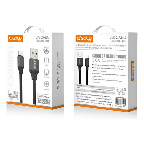 Cabo Usb Tipo C Turbo Agold Cb04-3 Preto Preto