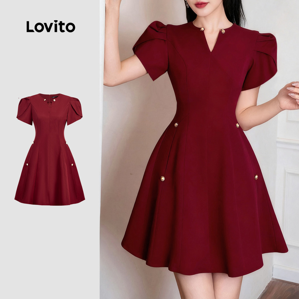 Lovito Vestido Elegante Com Estrutura Simples De Botões E Modelagem Em Tom Vinho Primavera/verão Para Mulheres L155ED766 em Oferta na Shopee