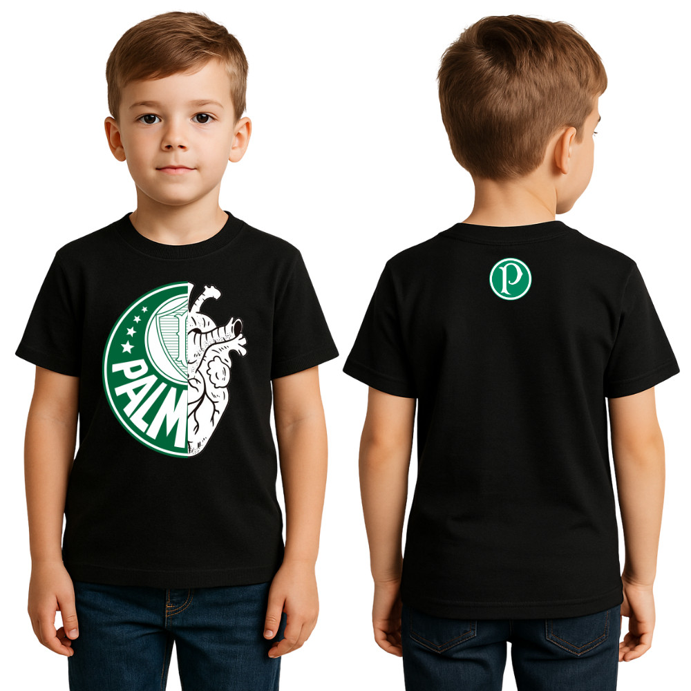 Camiseta Times Blusa Infantil Juvenil 100% Algodão Preta Coração Escudo Futebol, Camisa P.O.R.C.O