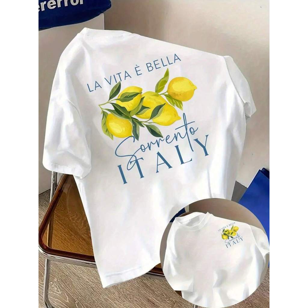 T-shirt masculina italiana com estampa de limão - Design "La Vita è Bella" e "Sorrento Italy", branco casual de verão pa