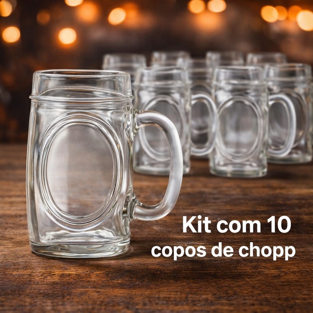 Kit com 10 Canecas de Chopp - 350ml - Vidro Grosso – Super Resistente e Estilo Tradicional