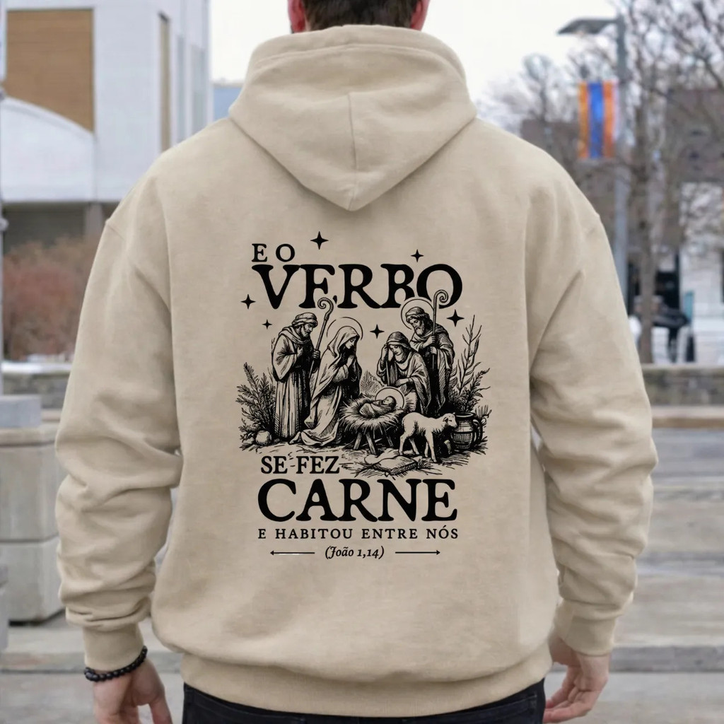 Moletom Canguru Religioso Verbo Se Fez Carne Cristão Casual com Versículo