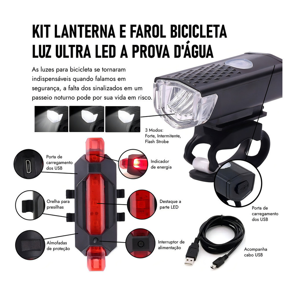 Kit Lanterna e Farol para Bicicleta LED 300 Lúmens Recarregável à Prova d’Água em Oferta na Shopee