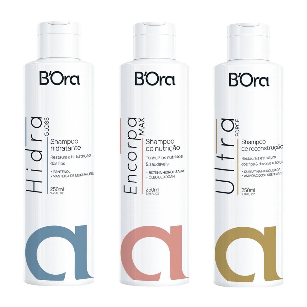 Kit Shampoo Cronograma Capilar B'Ora Hidratação, Encorpa Cabelo e Ultra Force - 3 produtos