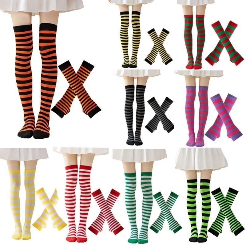 Kit Luva e Meia Listrada Listrado Diversas Cores Para Festa Cosplay Anime Moda Estica Unissex
