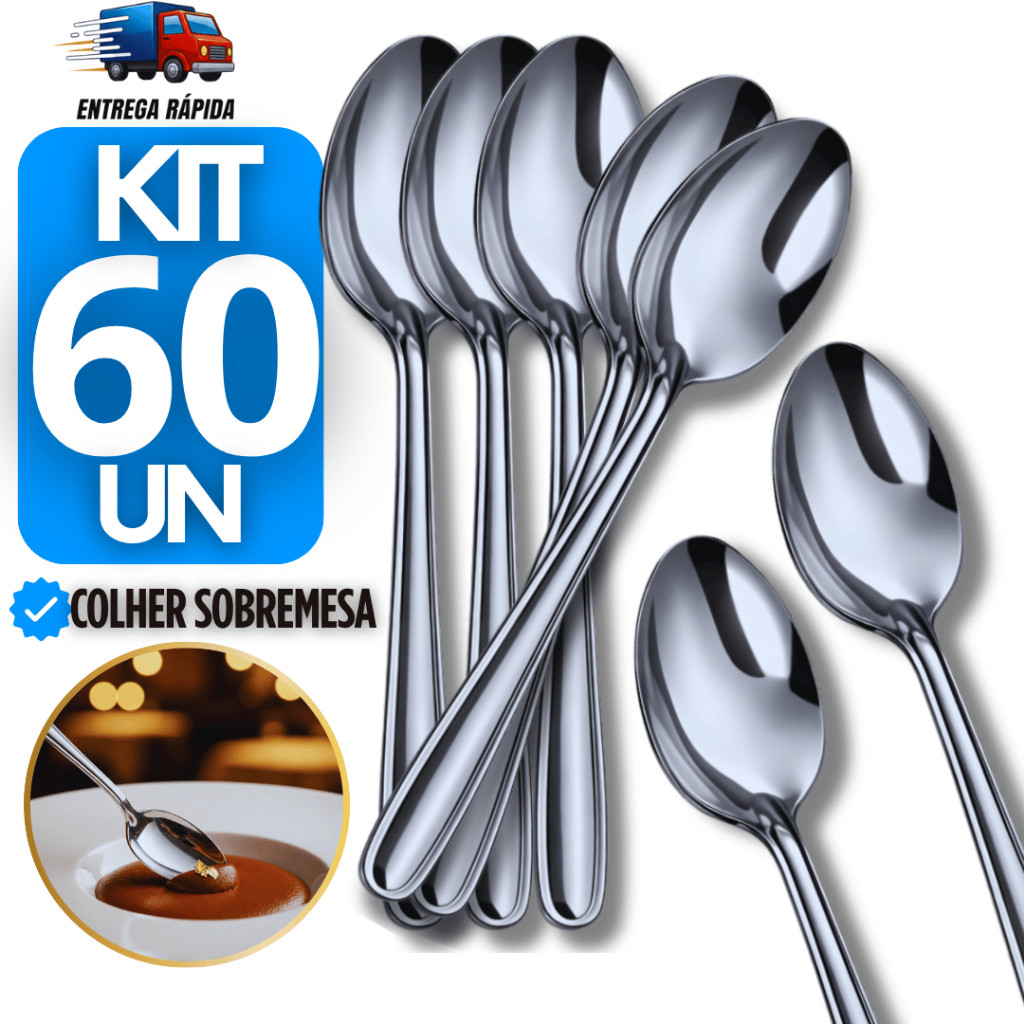 Colheres de Sobremesa Inox - Kit 60 Unidades para Restaurantes