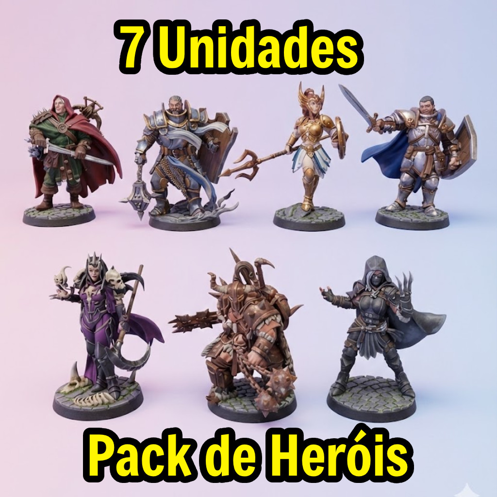 Kit 7 Miniaturas RPG - Heróis | Impressão 3D Resina ABS Semi‑flex Alta Resistência Super Resolução | Sem Pintura