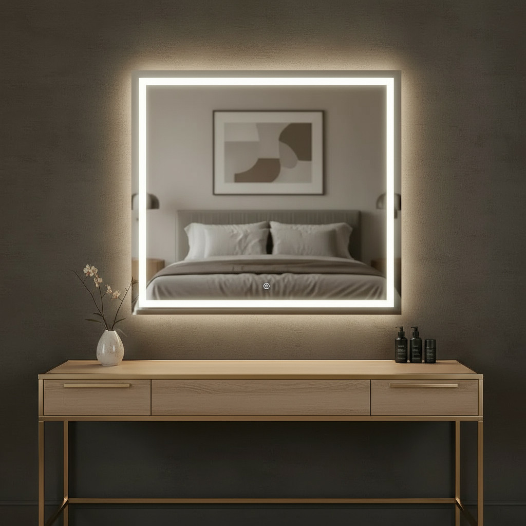 Espelho Quadrado 40-60cm com LED 3 Cores Jateado Lapidado Banheiro Maquiagem