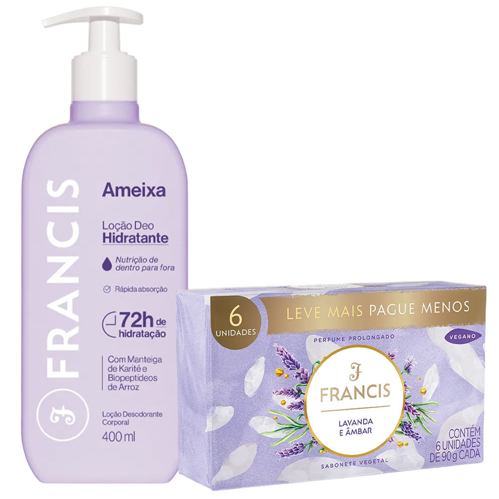 Kit Francis Loção Hidratante Ameixa 400ml + 6 Sabonetes em Barra Lavanda e Âmbar 90g