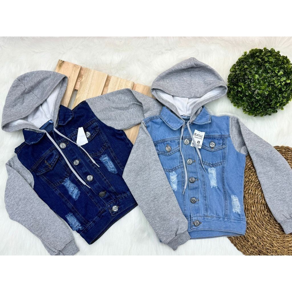 Jaqueta Jeans com Manga e Touca Moletom Infantil/ Menina ou menino em Oferta na Shopee