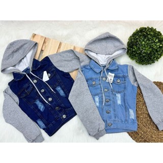 Jaqueta Jeans com Manga e Touca Moletom Infantil/ Menina ou menino em Oferta na Shopee