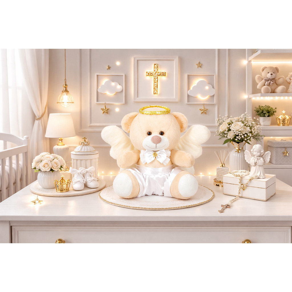 Ursos Teddy Anjinho para Lembrancinha Miniatura 12 cm – Delicado, Encantador e Perfeito para Batizado e Chá de Bebê