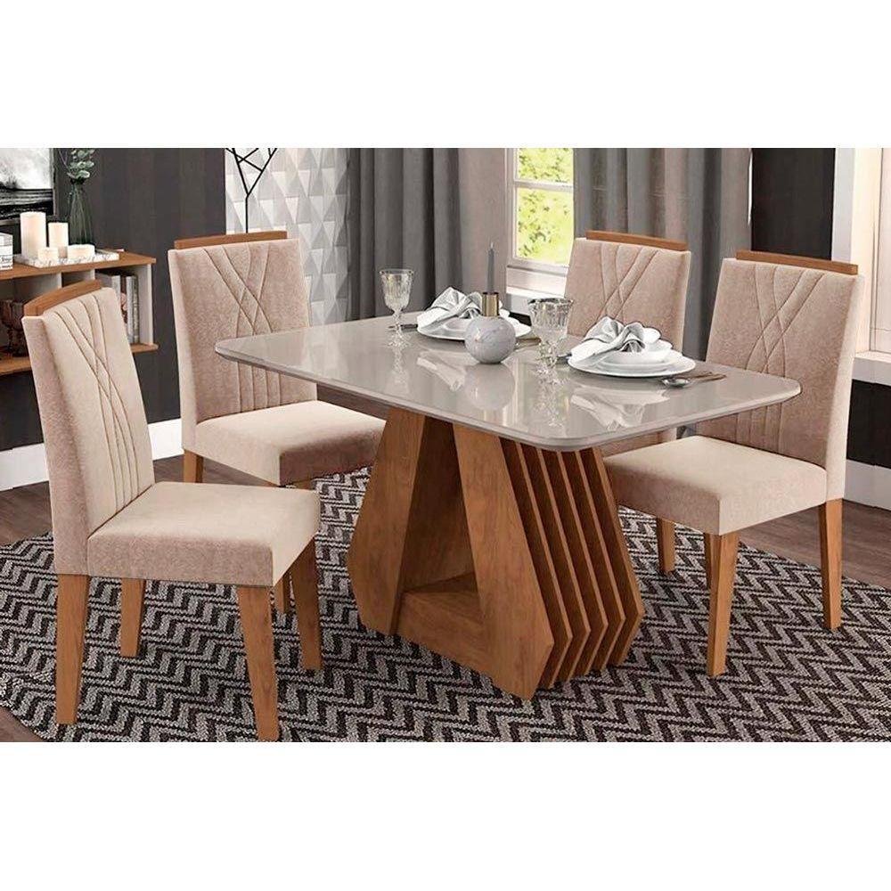 Sala de Jantar Completa Ágata Tampo Madeirado c/ Vidro 130X80 cm e 4 Cadeiras Nicole Nature-Madeirado/Linho Bege - Cimol