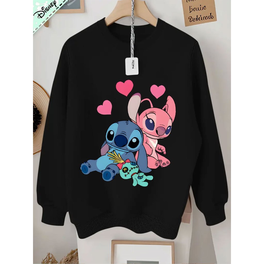 Moletom Casual Feminino de Manga Longa com Estampa de Amor do Stitch e Angel, Gola Redonda