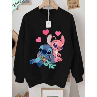 Moletom Casual Feminino de Manga Longa com Estampa de Amor do Stitch e Angel, Gola Redonda