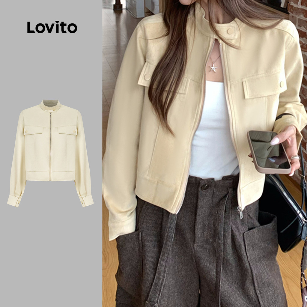 Lovito Jaqueta Casual Bolso Botões Outono/Inverno Khaki para Mulheres L166AD1015 em Oferta na Shopee