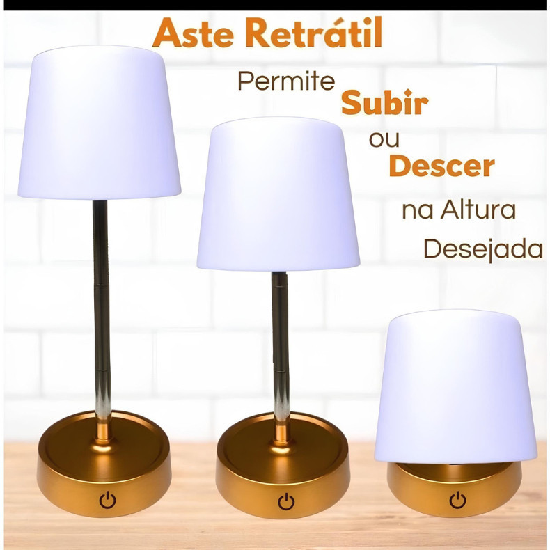 Abajur Recarregável Touch Luminária Retrátil em Aço com Luz de Led Branco Quente Ajustável-USB DAFUSHOP