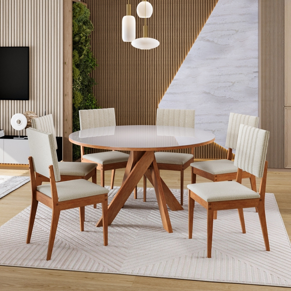 Conjunto Sala de Jantar Mesa 137cm com Tampo de Vidro Mônaco com 6 Cadeiras Milão Madetal