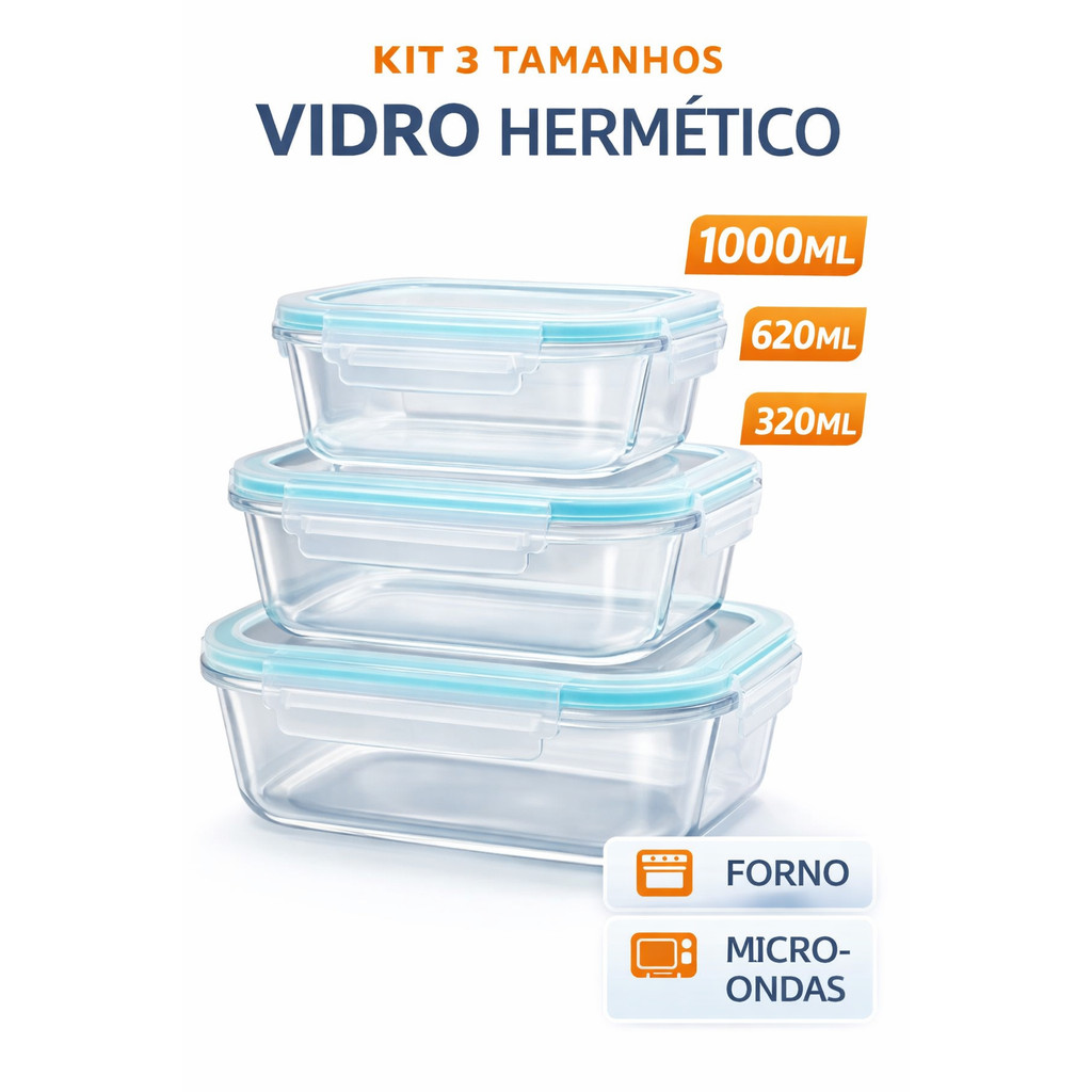 Kit Marmita Vidro Hermético 3 Tamanhos | 320 620 1000ml | Tampa com Trava Anti Vazamento em Oferta na Shopee