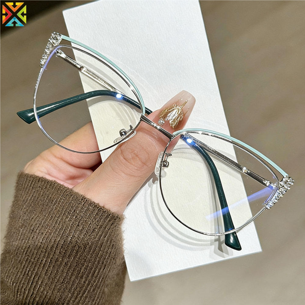 Moda Olho De Gato Óculos De Bloqueio De Luz Azul Para Mulheres Armação De Metal Strass Decoração Anti-Tensão Ocular Estu
