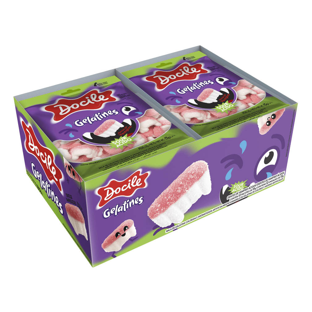Display Bala Dentadura Mini Azedinha 180g 12x15g Gelatina Halloween Festa