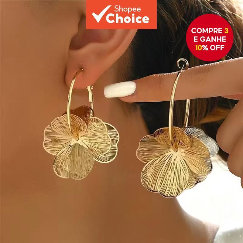 Brincos De Argola Com Flores Douradas E Prateadas Para Mulheres , Joias Exageradas De Luxo em Oferta na Shopee