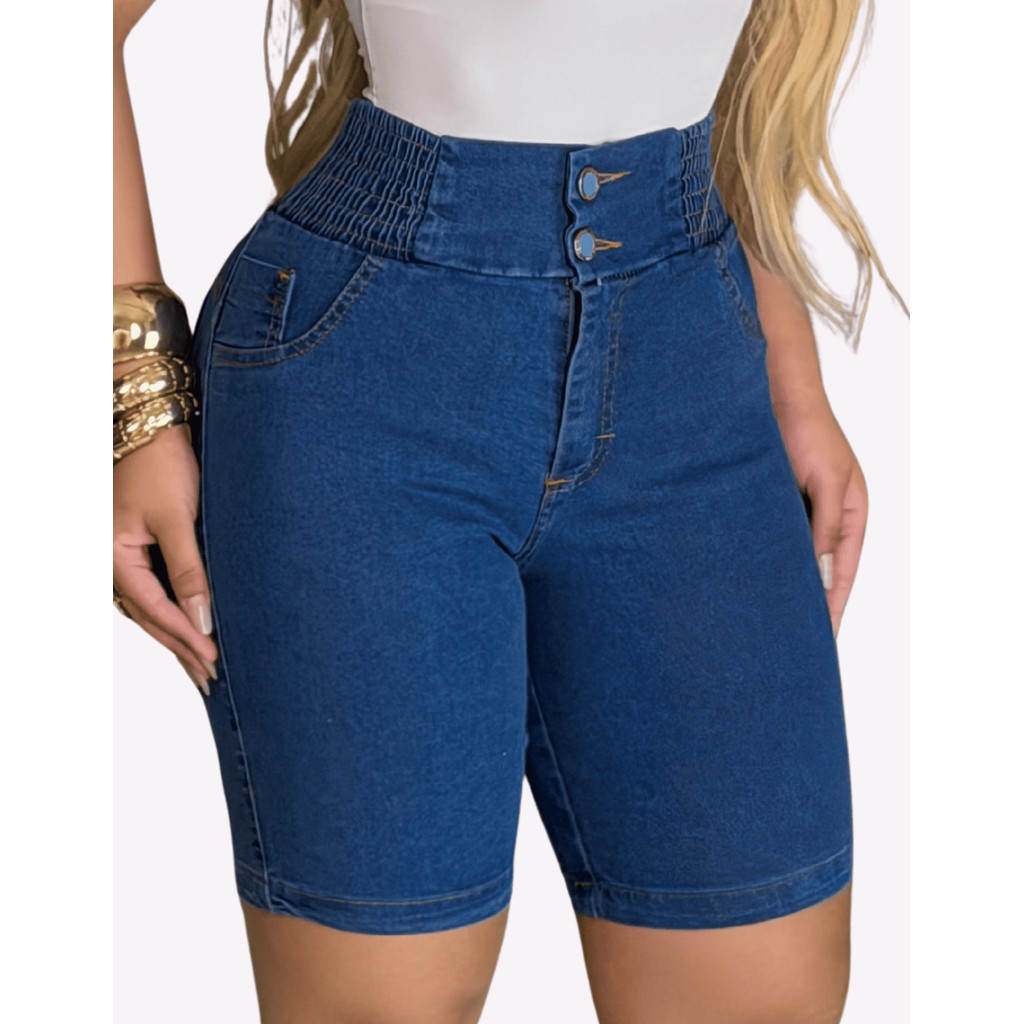 Short Jeans Feminino Pala Alta Cintura Empina Bumbum Modela Cós Alto com Lycra Bermuda