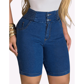 Short Jeans Feminino Pala Alta Cintura Empina Bumbum Modela Cós Alto com Lycra Bermuda