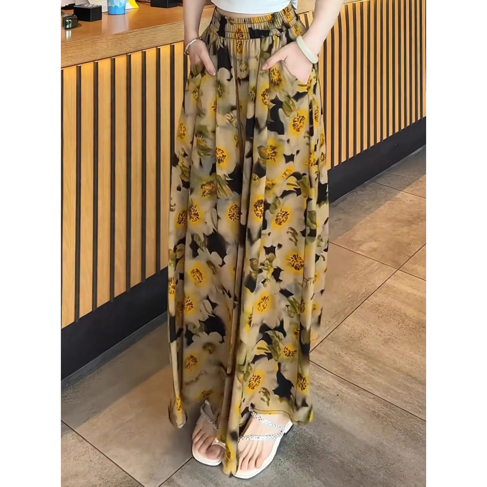 Hakama Mulheres Floral Calças Compridas 2025 Verão Estilo Fino Temperamento Cintura Alta Solta Seda Gelo Desgaste Exteri