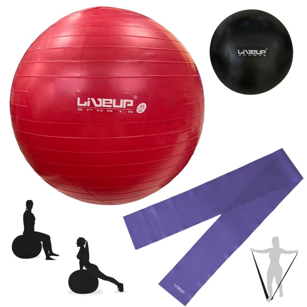 Kit Bola 45 Cm Suiça Vermelha + Overball 25 Cm Preta + Faixa Elástica Média para Pilates Yoga