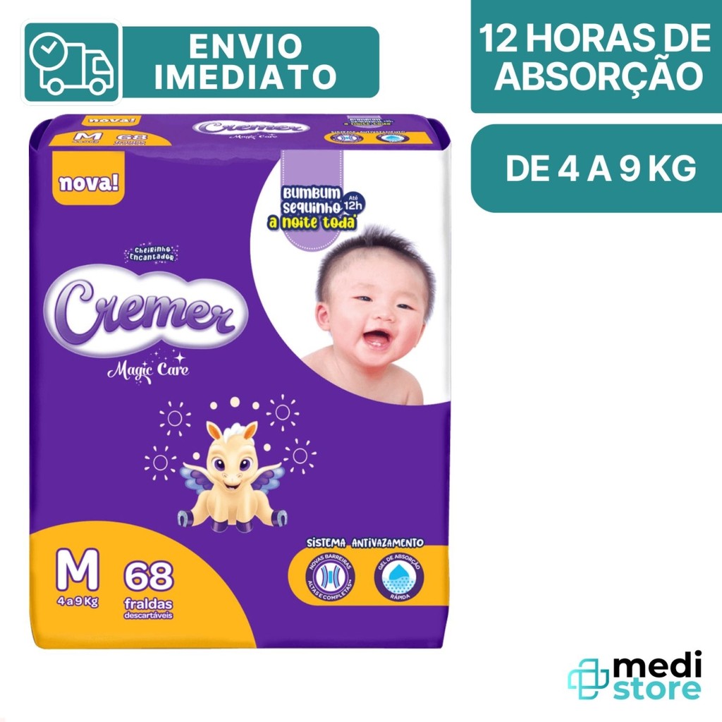 Fralda INF Cremer Hiper Tamanho M Com 68 Unidades Magic Care - Envio imediato