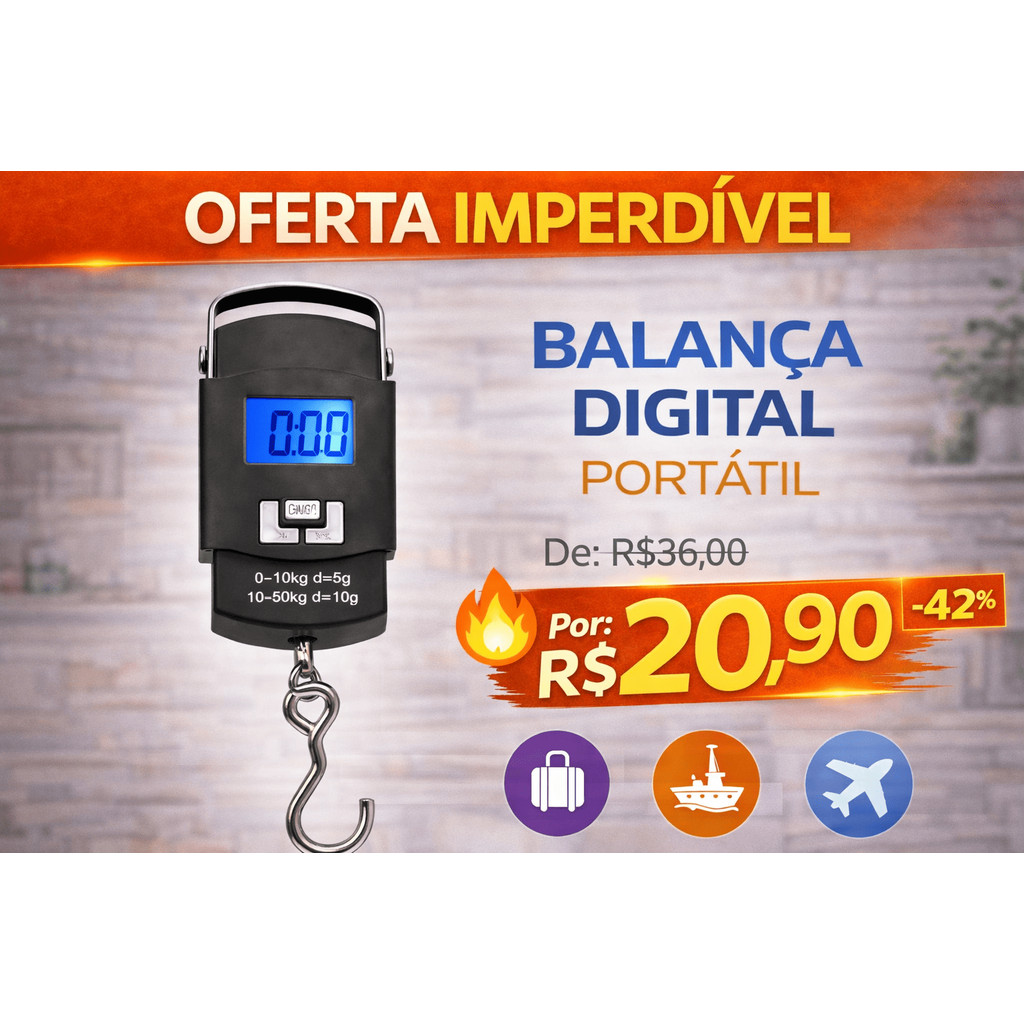 Imagem Balança Digital Portátil 50kg com Gancho | Balança para Mala Viagem Pesca Alta Precisão
