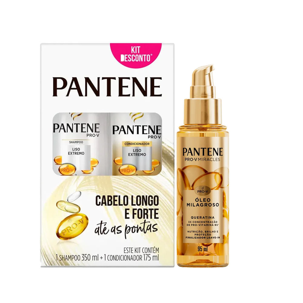 Kit Pantene Liso Extremo Shampoo 350ml + Condicionador 175ml + Óleo Milagroso Queratina 95ml em Oferta na Shopee