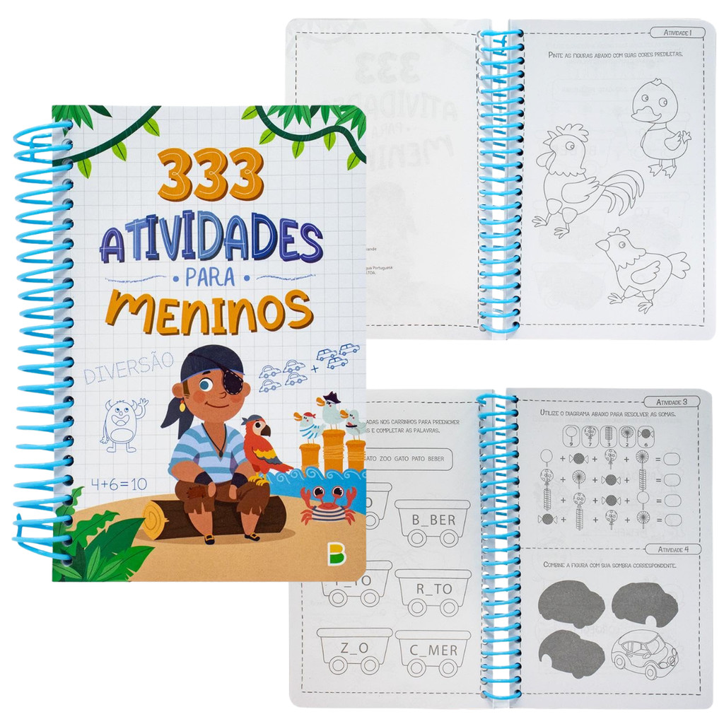 Livro Caderno espiral para crianças com 333 Atividades para Meninos - pintar, contar, escrever, etc