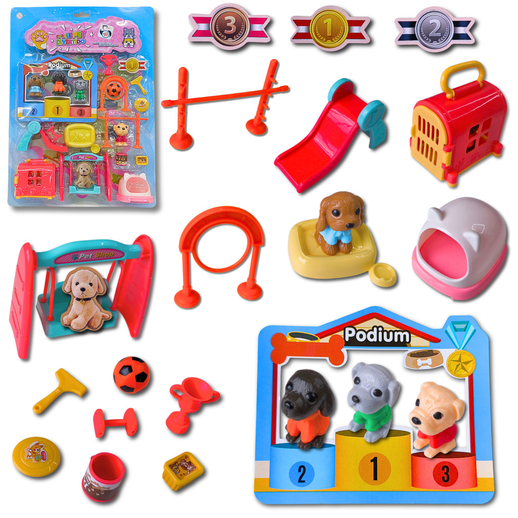 Brinquedo Parque Pet Infantil Cachorro criança Miniatura kit competição podium acessórios pet shop