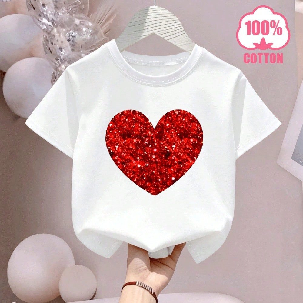 Camiseta Infantil 100% Algodão Estampa Coração Brilhante - Esta Camisola de Manga Curta apresenta um Gola Redonda