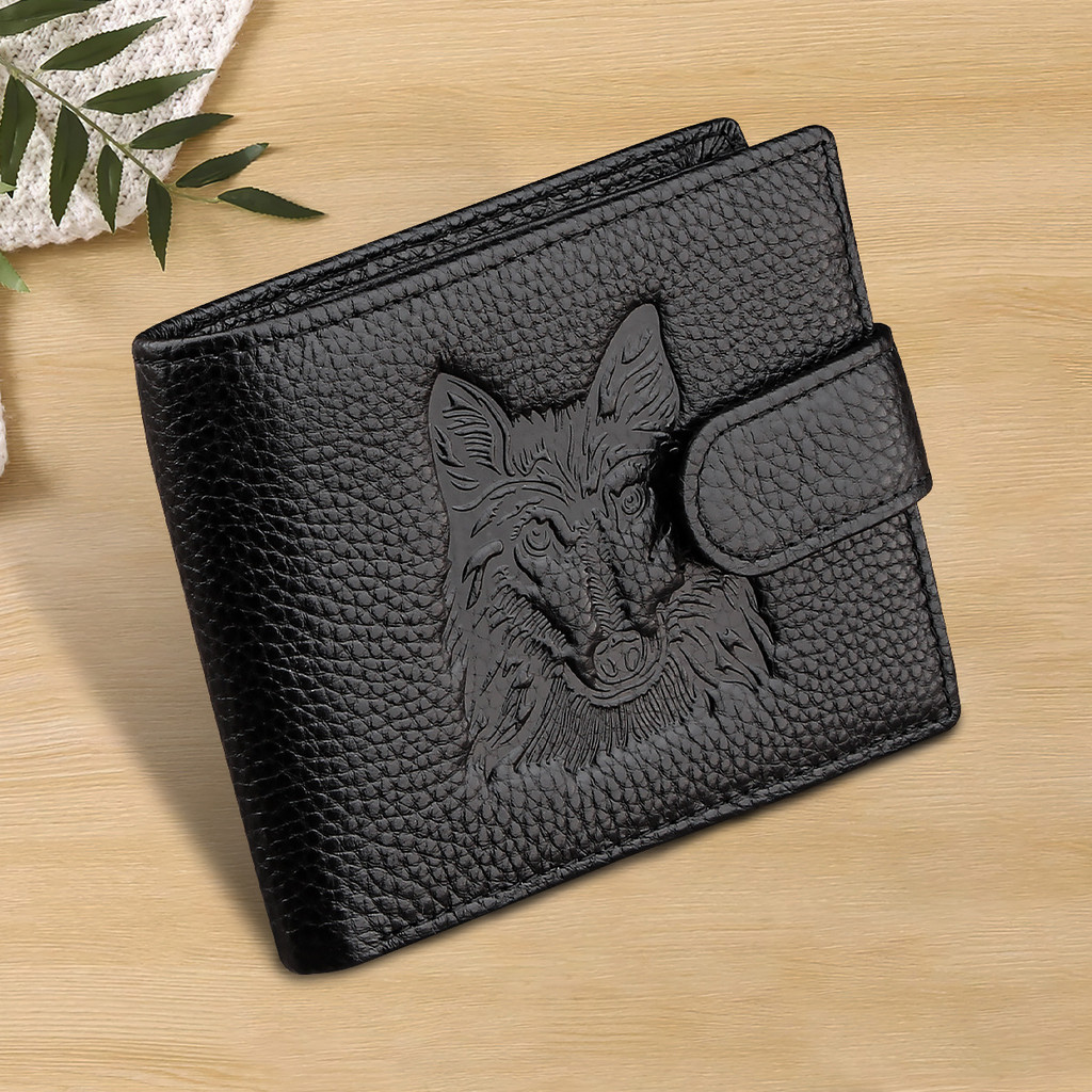 2026 Novo produto com padrão de cabeça de lobo decoração carteira masculina simples três dobráveis pode armazenar Slot p