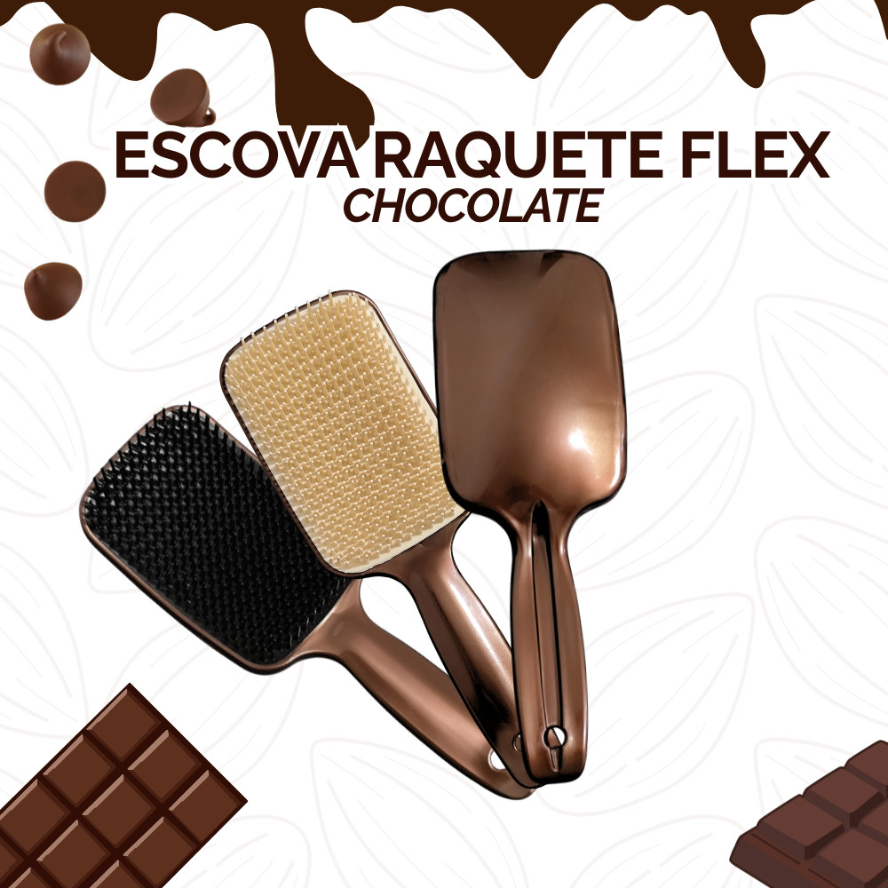 Escova Raquete Flex Profissional Chocolate Cerdas Pretas e Off White Páscoa
