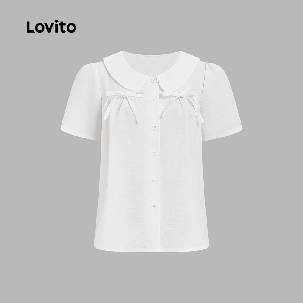 Lovito Blusa Fofa com Laço Lazer Primavera/verão Blusa Branca para Mulheres L179AD010