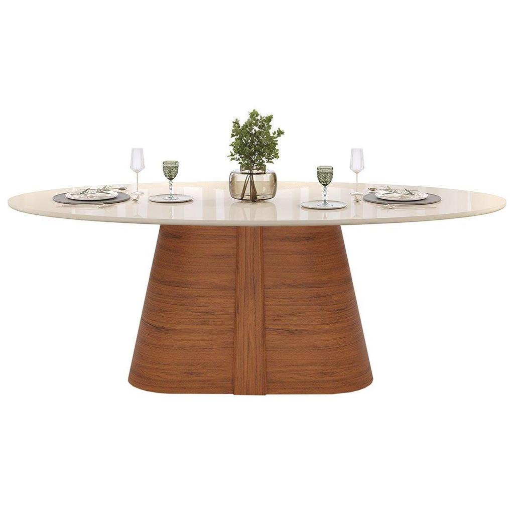 Mesa de Sala Jantar Ryze c/ Tampo Madeirado c/ Vidro Oval 218x108cm Freijo/Off White - DJ Móveis