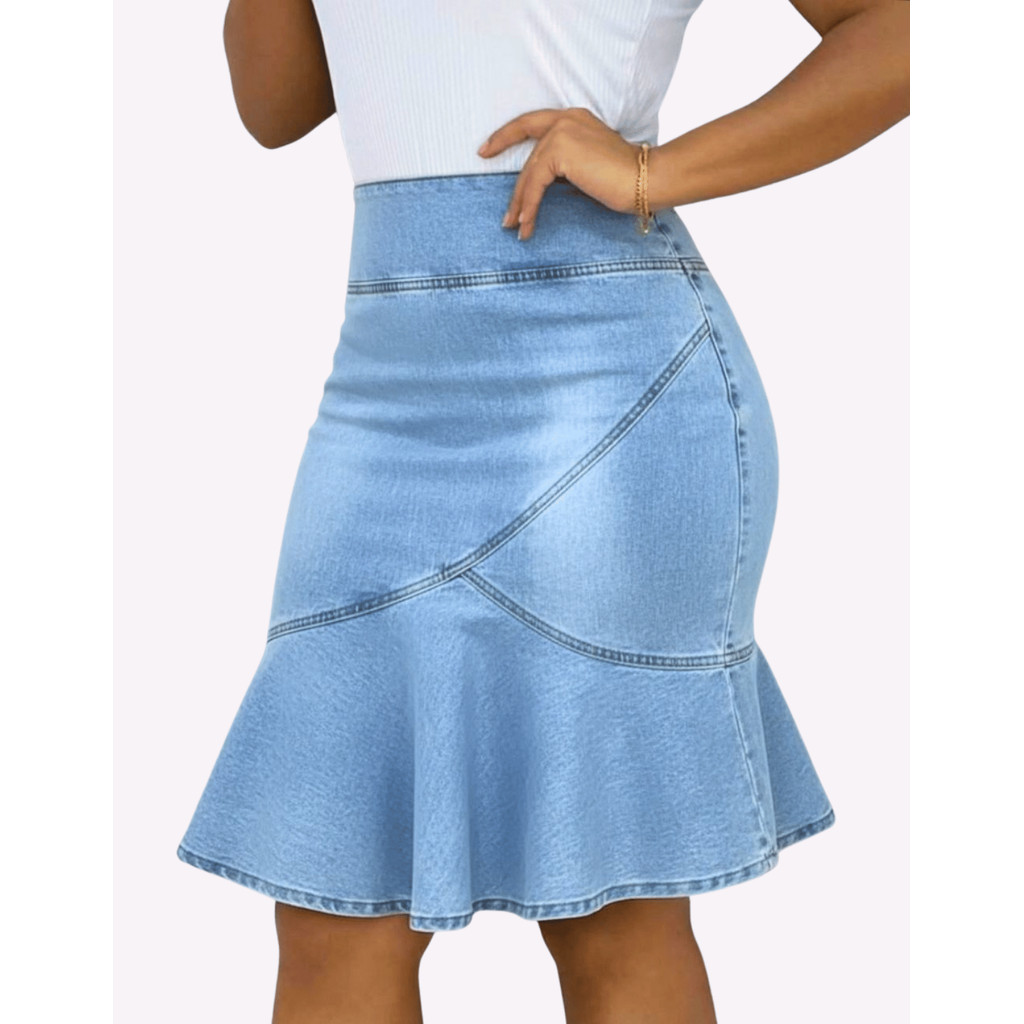 Saia Evangélica Jeans Feminina Lycra Midi Cintura Alta Social Moda Com Babado Modelo Lindo em Oferta na Shopee