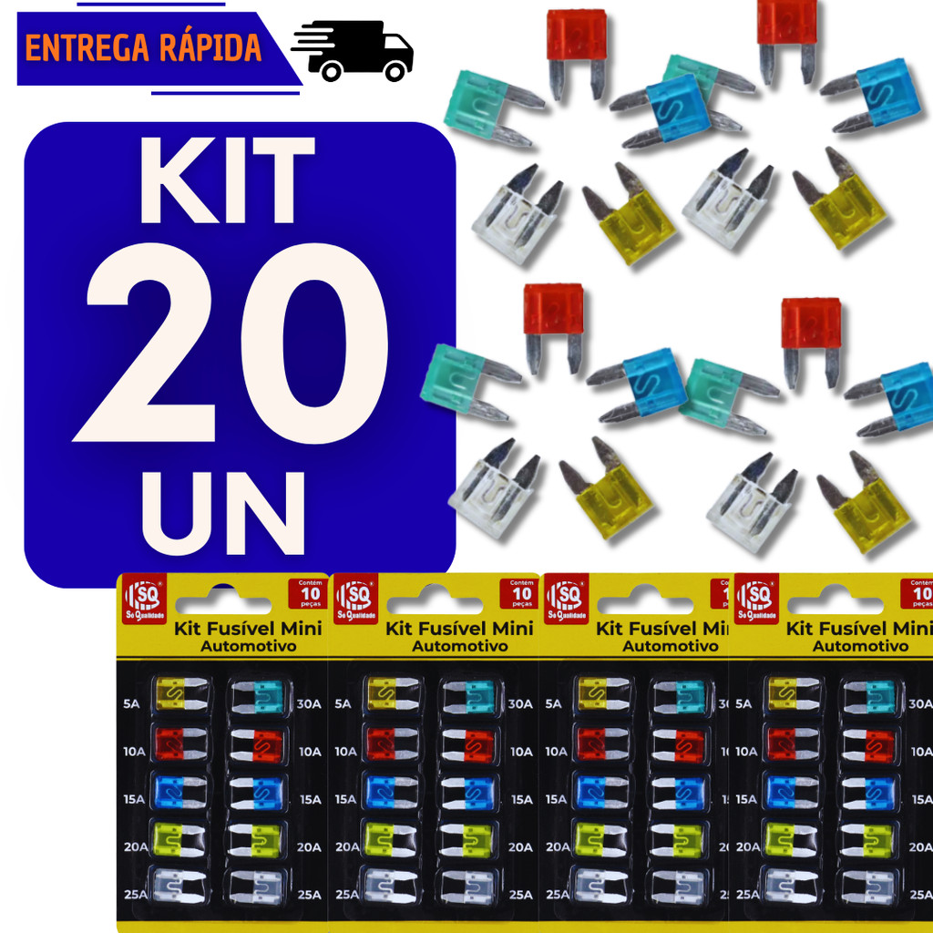 Kit Cartela 20 Fusíveis Lâmina Carro Mini Proteção Elétrica Automotiva Para Moto Carro Veículos