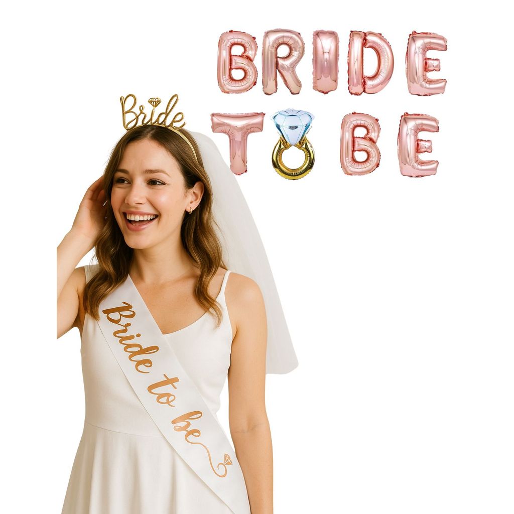 Kit Bride Tiara Arco C/ Véu + Faixa + Balão Bride To Be Aliança Despedida De Solteira Chá De Lingerie