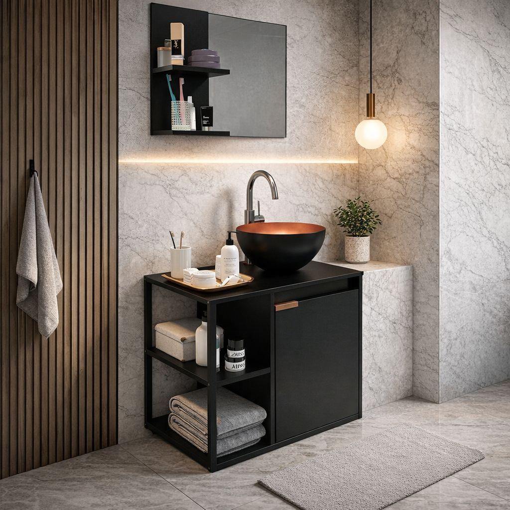 Combo Completo Gabinete de Banheiro com Cuba e Espelheira Conjunto Moderno