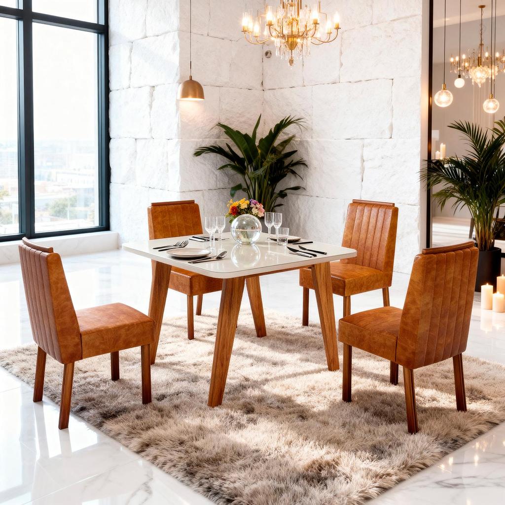 Sala de Jantar 90x90 Mavie MDF/Vidro Off 4 Cad. Bom Pastor