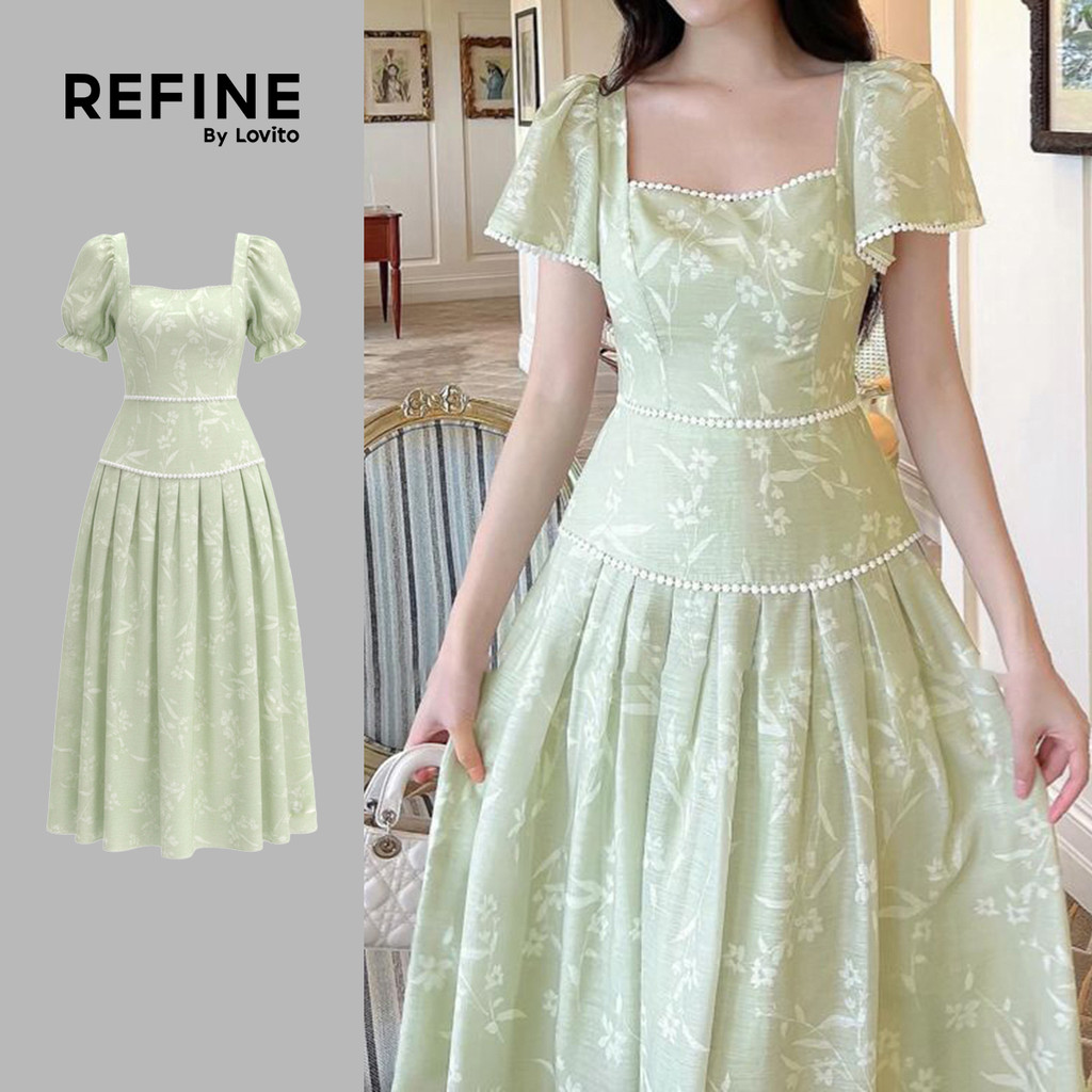 (Refine by Lovito) Vestido Elegante Babados No Pescoço e Pregas Vestido Verde de Primavera/verão para mulheres LR35L411 em Oferta na Shopee
