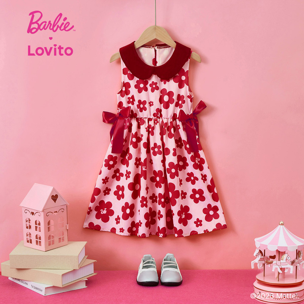 (New arrival) Barbie™ X Lovito Kids  Vestido Vermelho Fofo com Laço Primavera/verão para Menina DRBL2PAD002